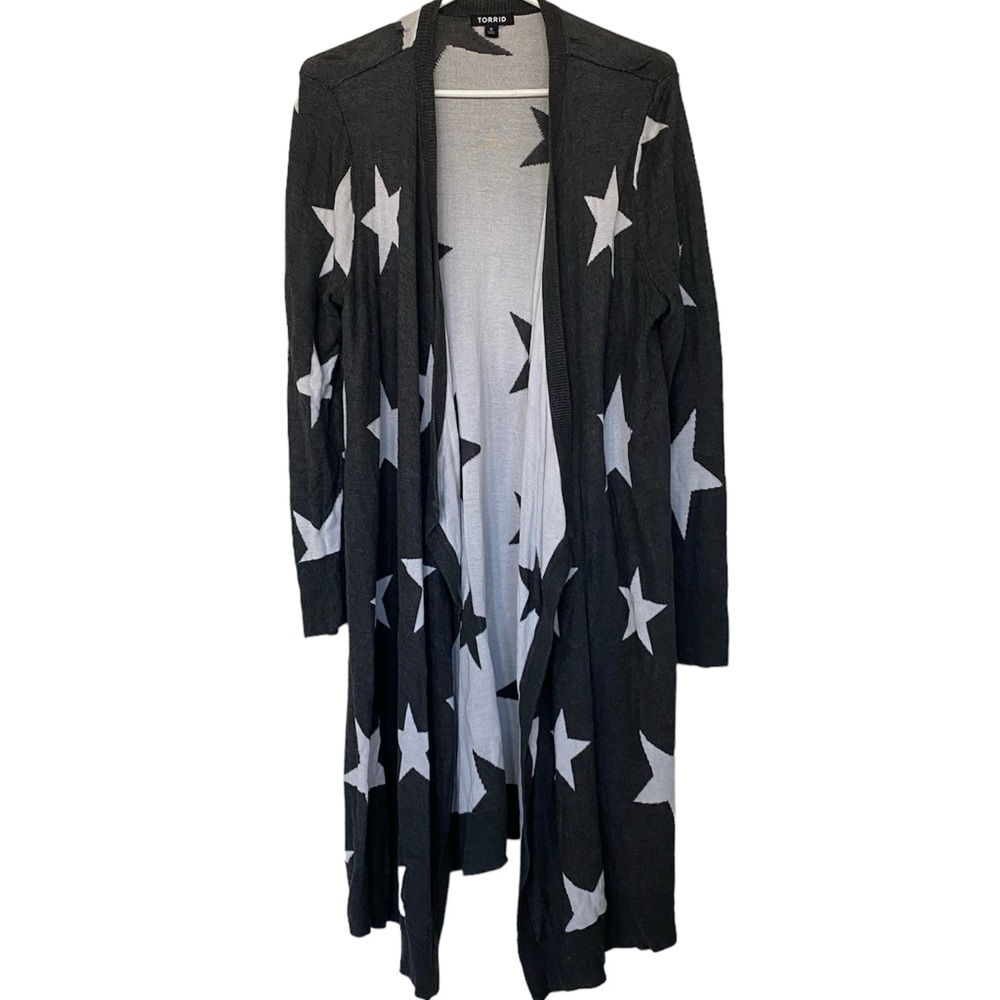 Torrid Gray with White Stars Long Sleeve Open Drape Front Duster Cardigan Size 0